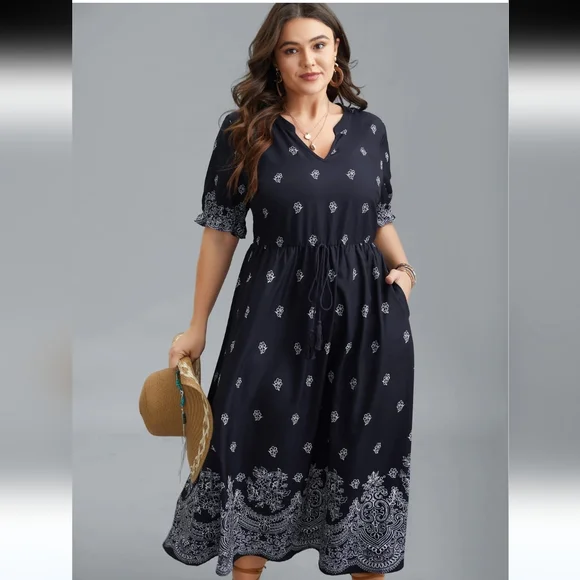 Floral Waist-Tie Notched Collar Mini Dress - Picture 2 of 7